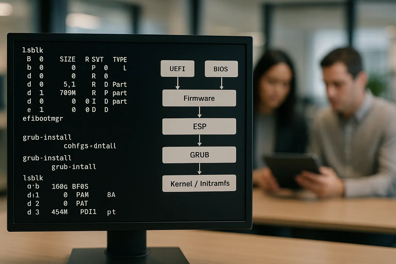 Terminal mit lsblk, efibootmgr und grub-install-Ausgaben neben einem Diagramm, das UEFI‑ und BIOS‑Boot‑Flow zeigt