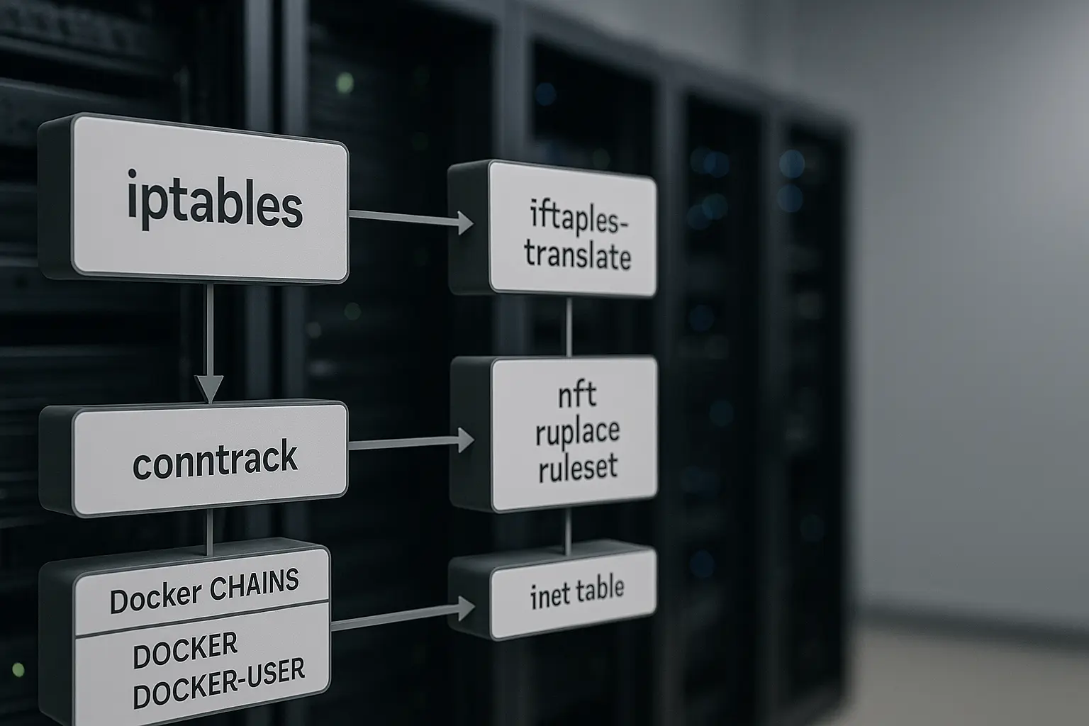 Architekturdiagramm: iptables-save → iptables-translate → nft replace ruleset mit Hervorhebung von conntrack und...