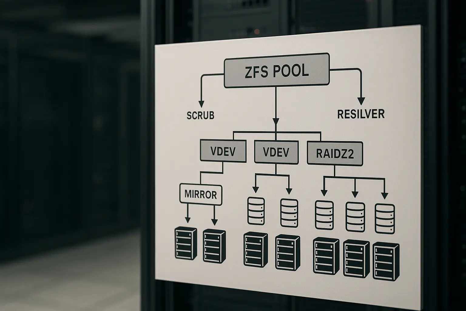 Diagramm eines ZFS‑Pools mit vdevs (Mirror, RAIDZ), Scrub‑ und Resilver‑Datenfluss und physischen Diskmodulen