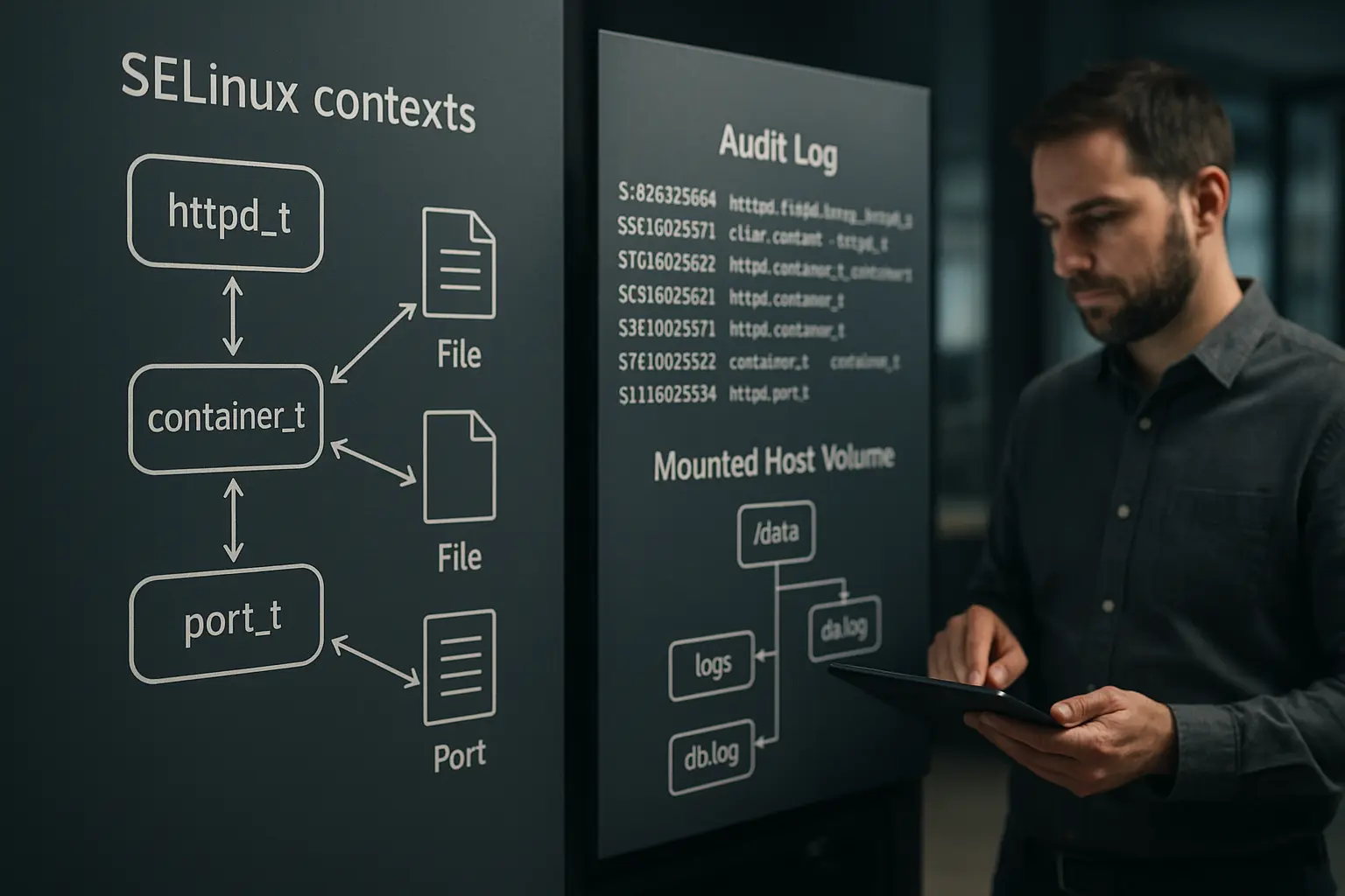 Architekturdiagramm mit SELinux-Kontexten, Audit-Log-Auszug und Host‑Volume zur Fehlerzuordnung