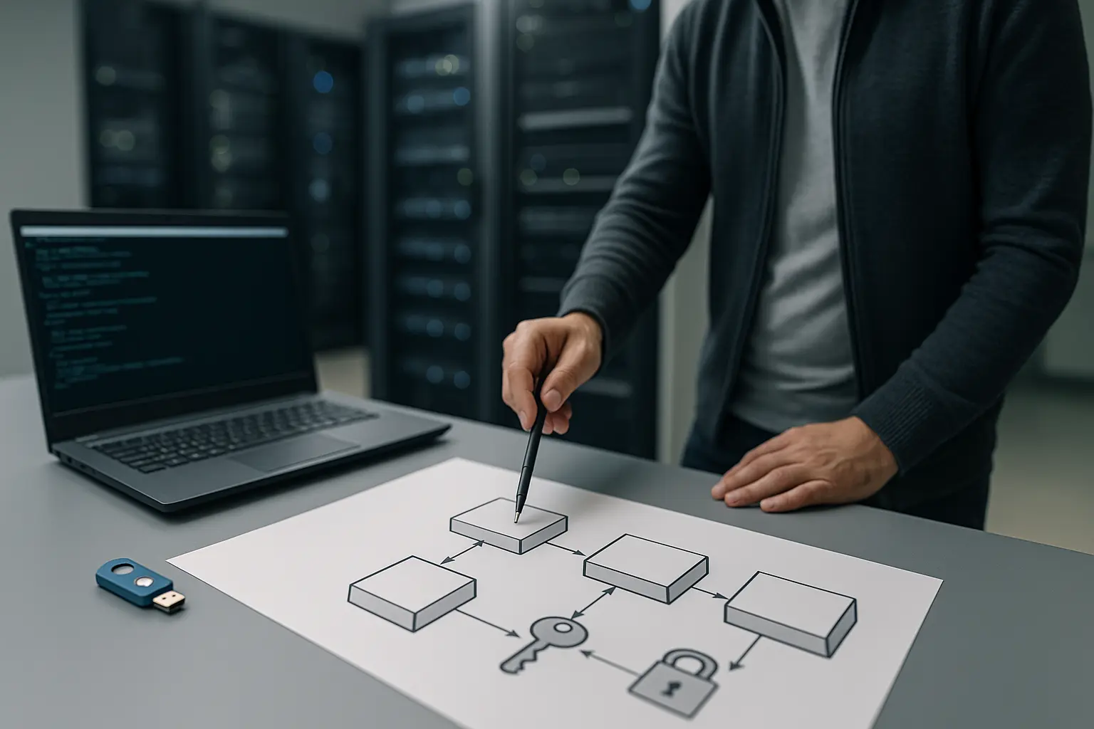 Architekturdiagramm mit Bastion-Host, SSH-CA und Verbindungsflüssen für gehärtete SSH-Zugänge