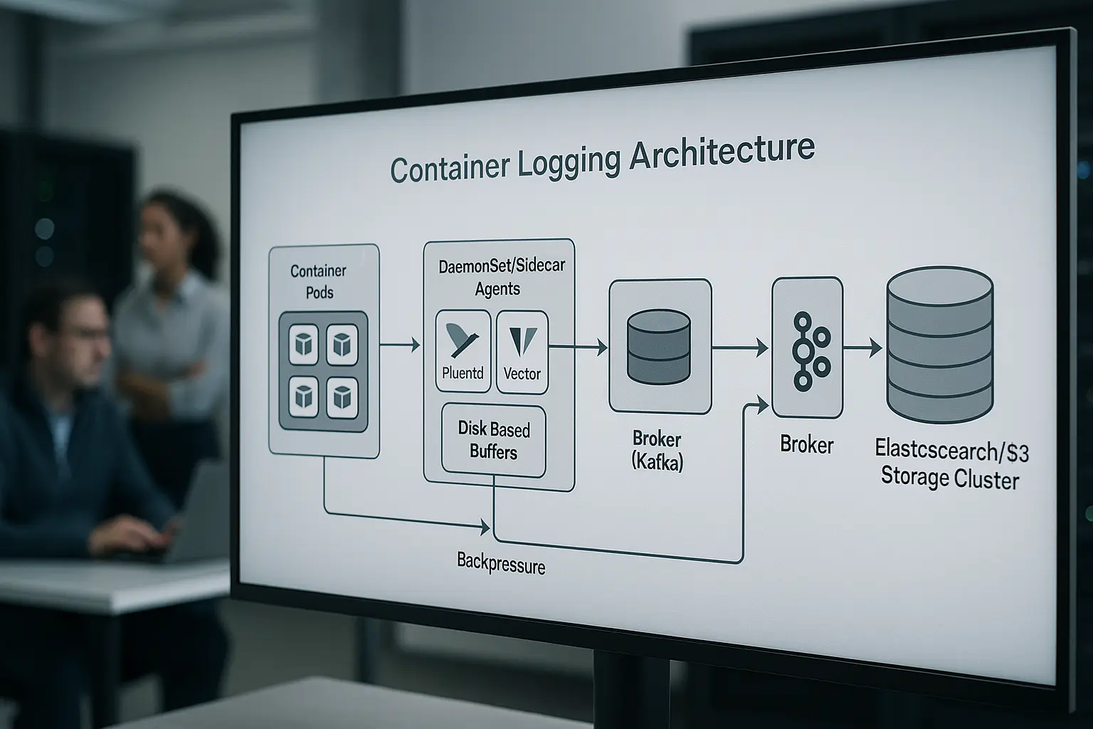 Schematische Architektur: Container-Logging-Pipeline mit Fluentd/Vector-Agents, disk-basierten Buffern, Kafka-Broker und...