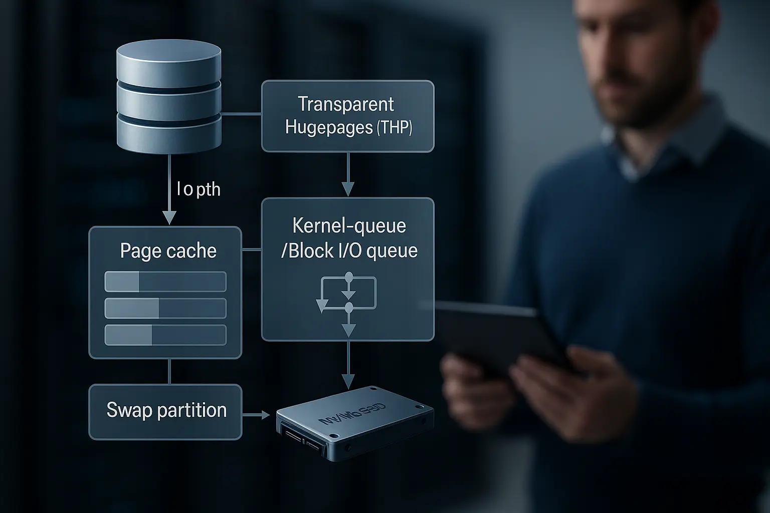 Architekturdiagramm eines Datenbankhosts mit Page-Cache, THP, Swap und Block-I/O-Queue vor einer NVMe-SSD