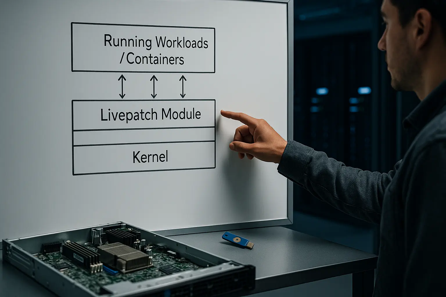 Systemarchitektur-Diagramm zum Linux-Kernel-Livepatching mit Server-Hardware im Ops-Kontext