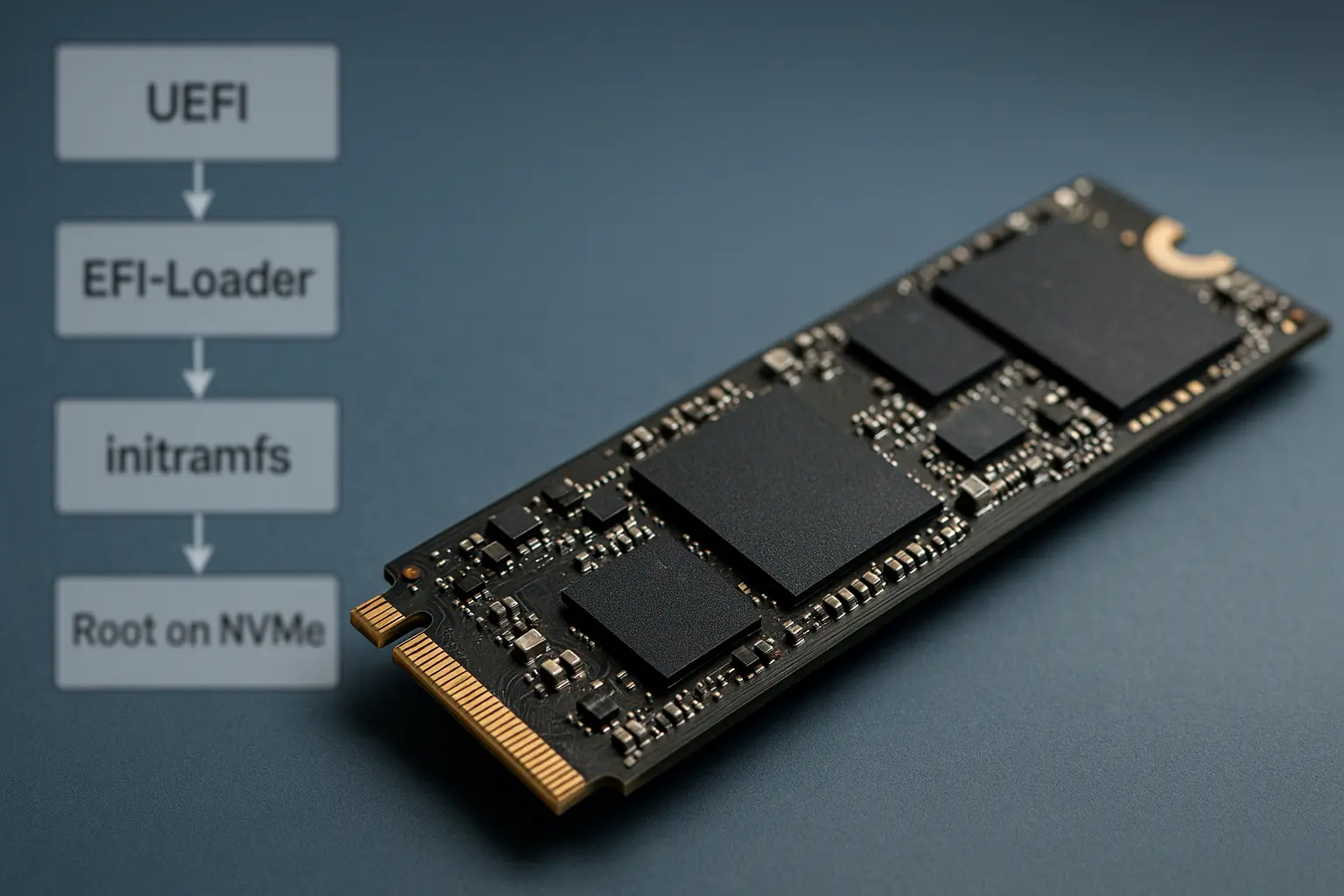 NVMe‑SSD vor schematischer Darstellung der Bootkette von UEFI über EFI‑Loader und initramfs bis Root auf NVMe