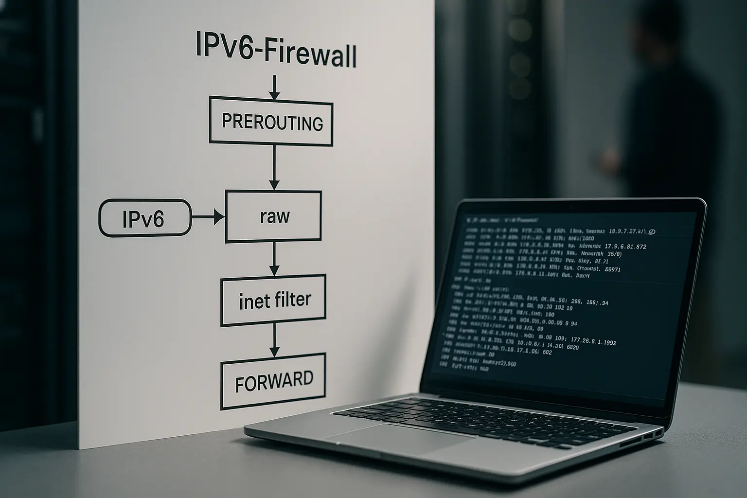 Diagramm des IPv6-Paketflusses durch Firewall-Stacks mit Terminal-Capture im Vordergrund