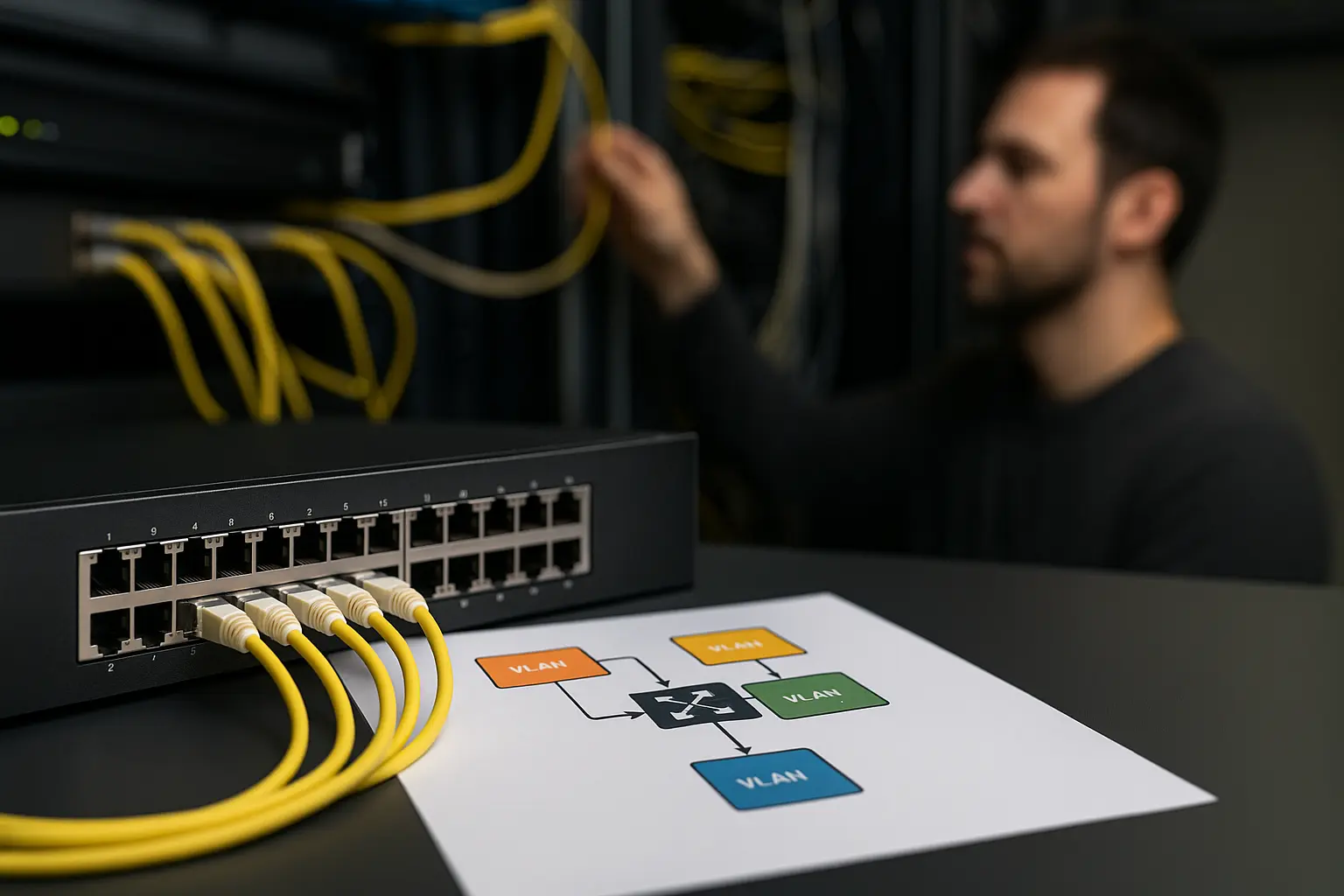Enterprise-Switch mit Patchkabeln und einer textfreien Topologiezeichnung, die VLAN-Trunking und Segmentierung darstellt