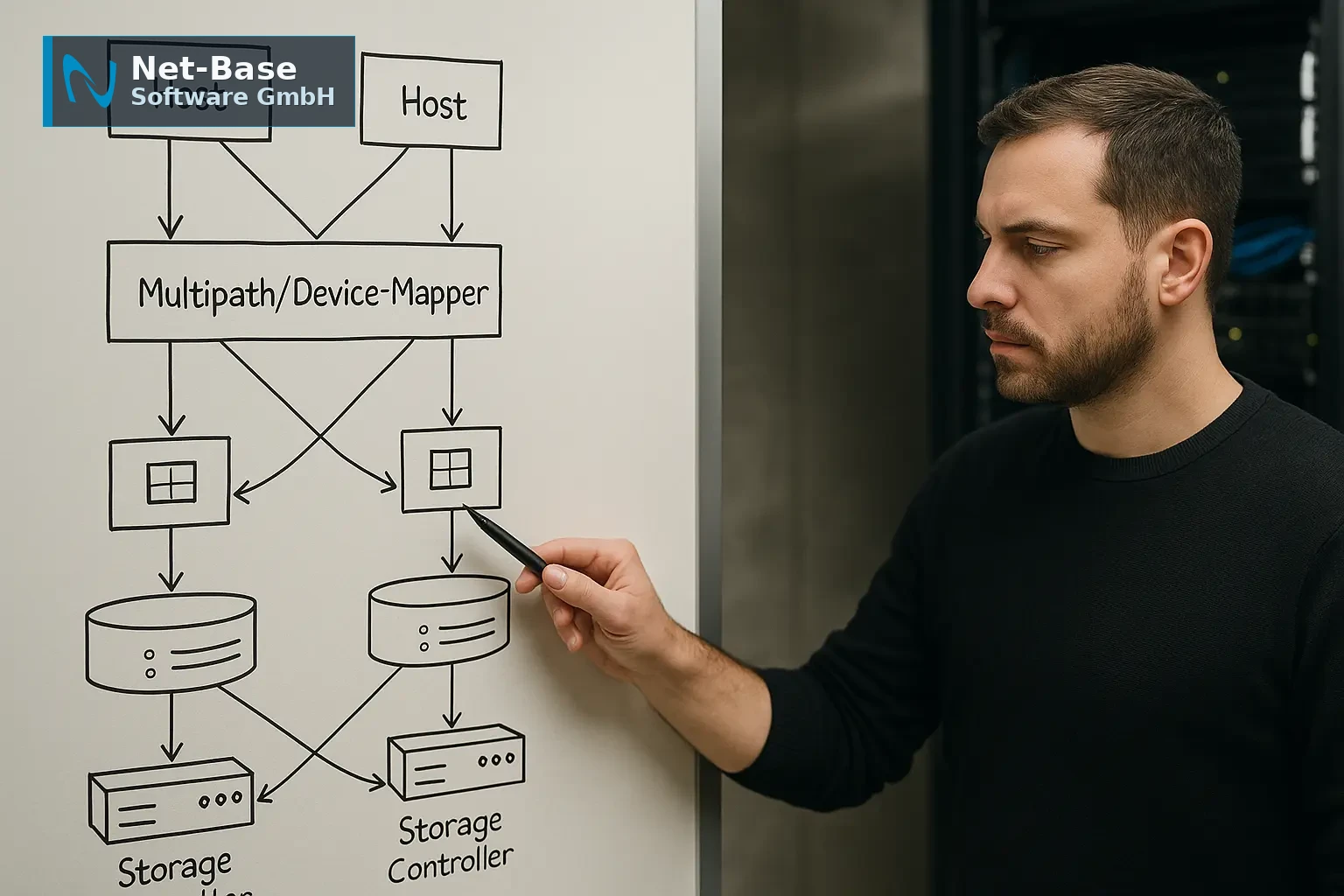 Administrator analysiert ein Storage-Failover-Diagramm mit Multipath-Pfaden und I/O-Queue im Rechenzentrumsumfeld