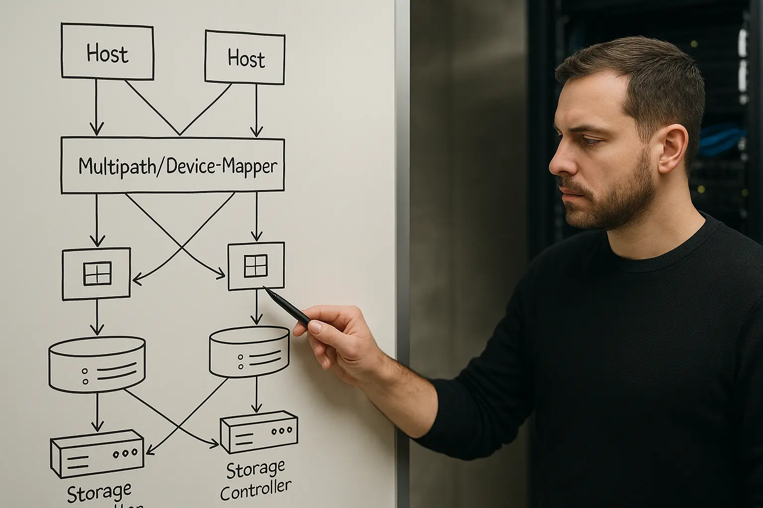 Administrator analysiert ein Storage-Failover-Diagramm mit Multipath-Pfaden und I/O-Queue im Rechenzentrumsumfeld