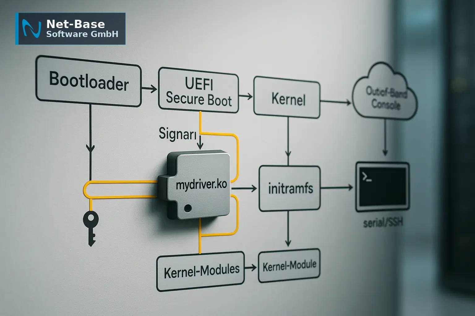 Diagramm der Bootkette mit Kernel-Modul-Signatur und MOK-Enrollment im Kontext