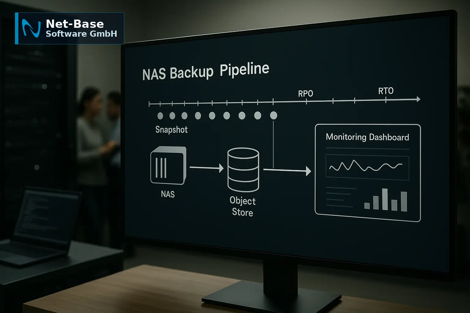 Architekturdiagramm mit RTO/RPO‑Zeitleisten, NAS‑Backup‑Pipeline und Monitoring‑Dashboard