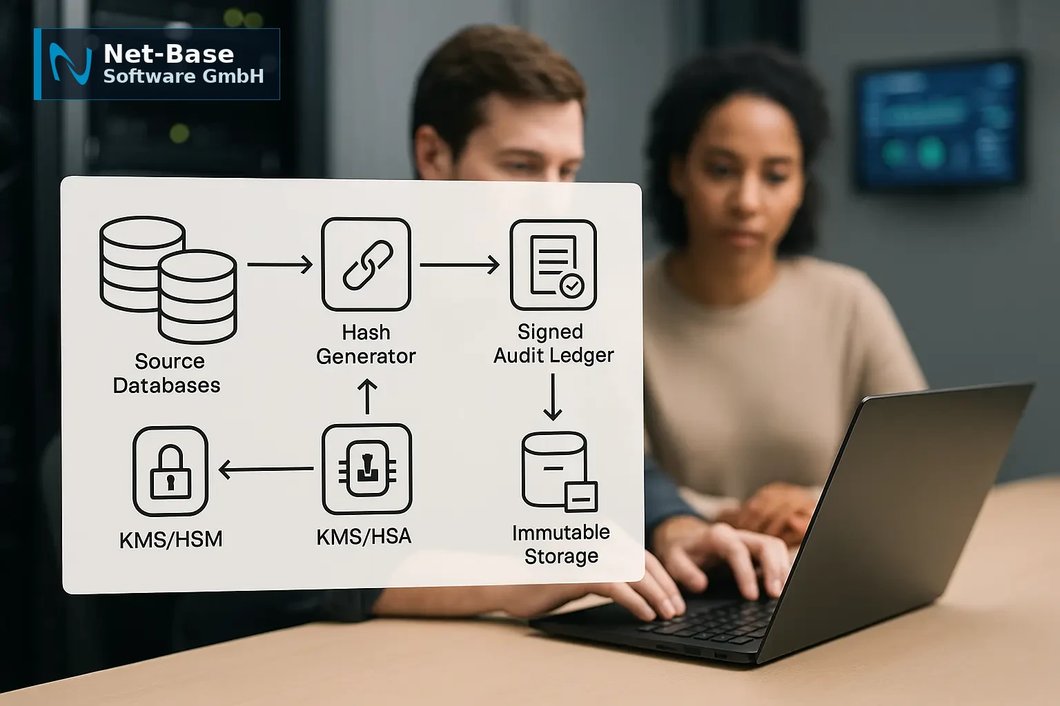 Architekturdiagramm einer revisionssicheren Backup-Pipeline mit Hash-Kette, signiertem Audit-Ledger, Object Lock und KMS/HSM