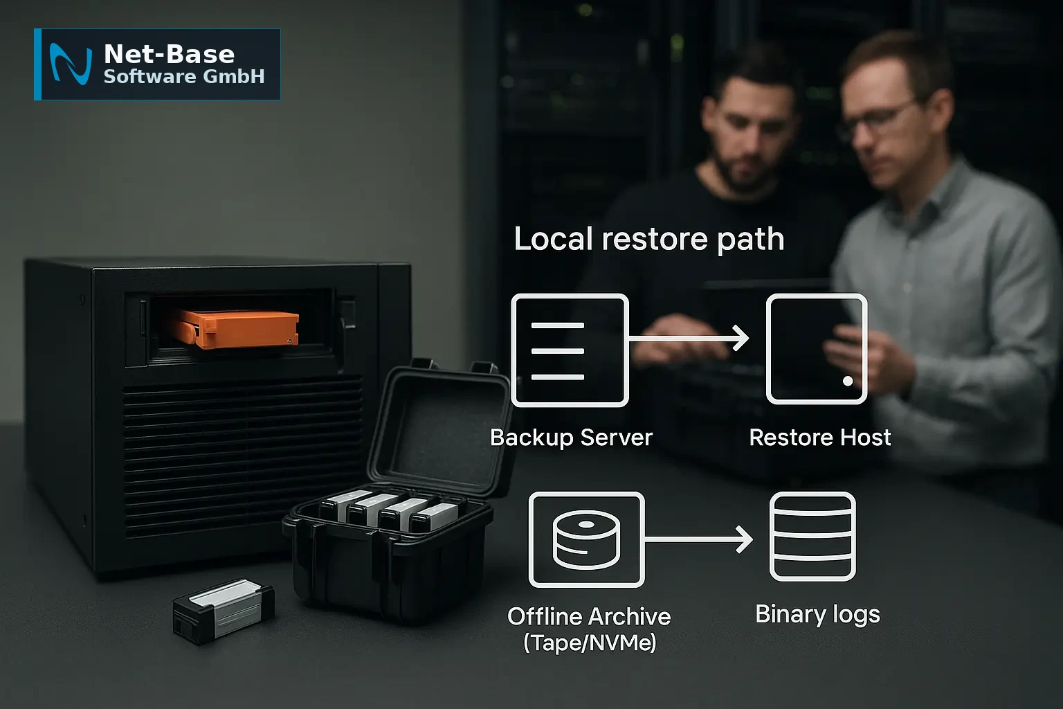 Schematische Darstellung eines lokalen Restore‑Pfads für MariaDB mit Tape‑Library, externen NVMe‑Modulen und Blockdiagramm...
