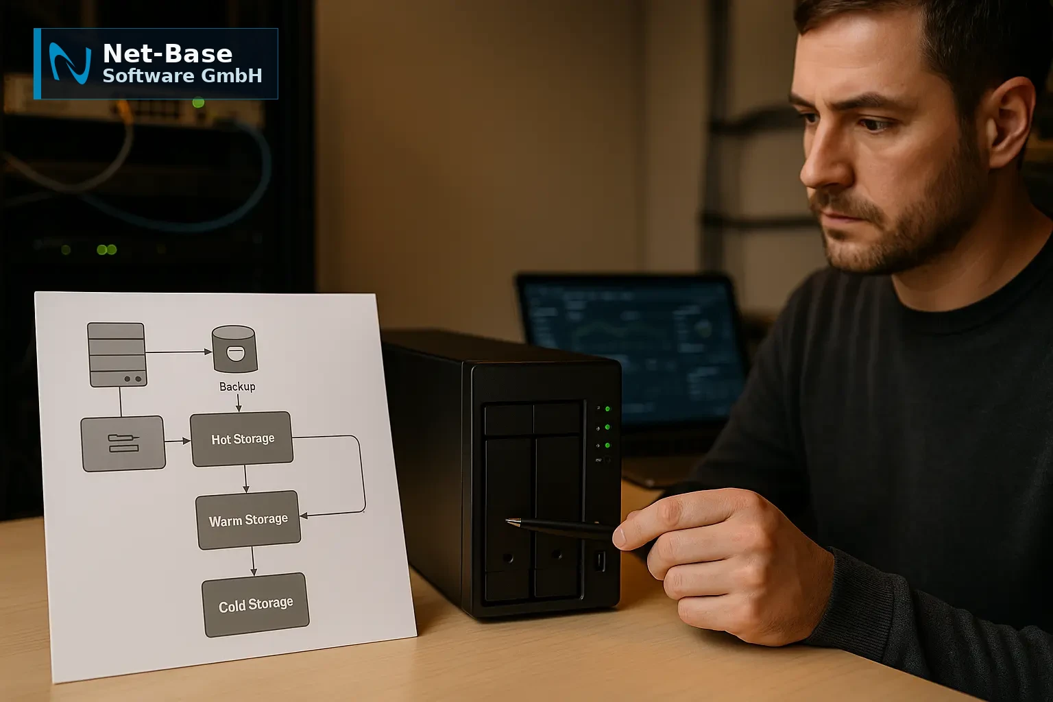 Administrator zeigt auf ein Architekturdiagramm mit Backup-Datenfluss und Storage-Tiers für Lifecycle-Policies und...