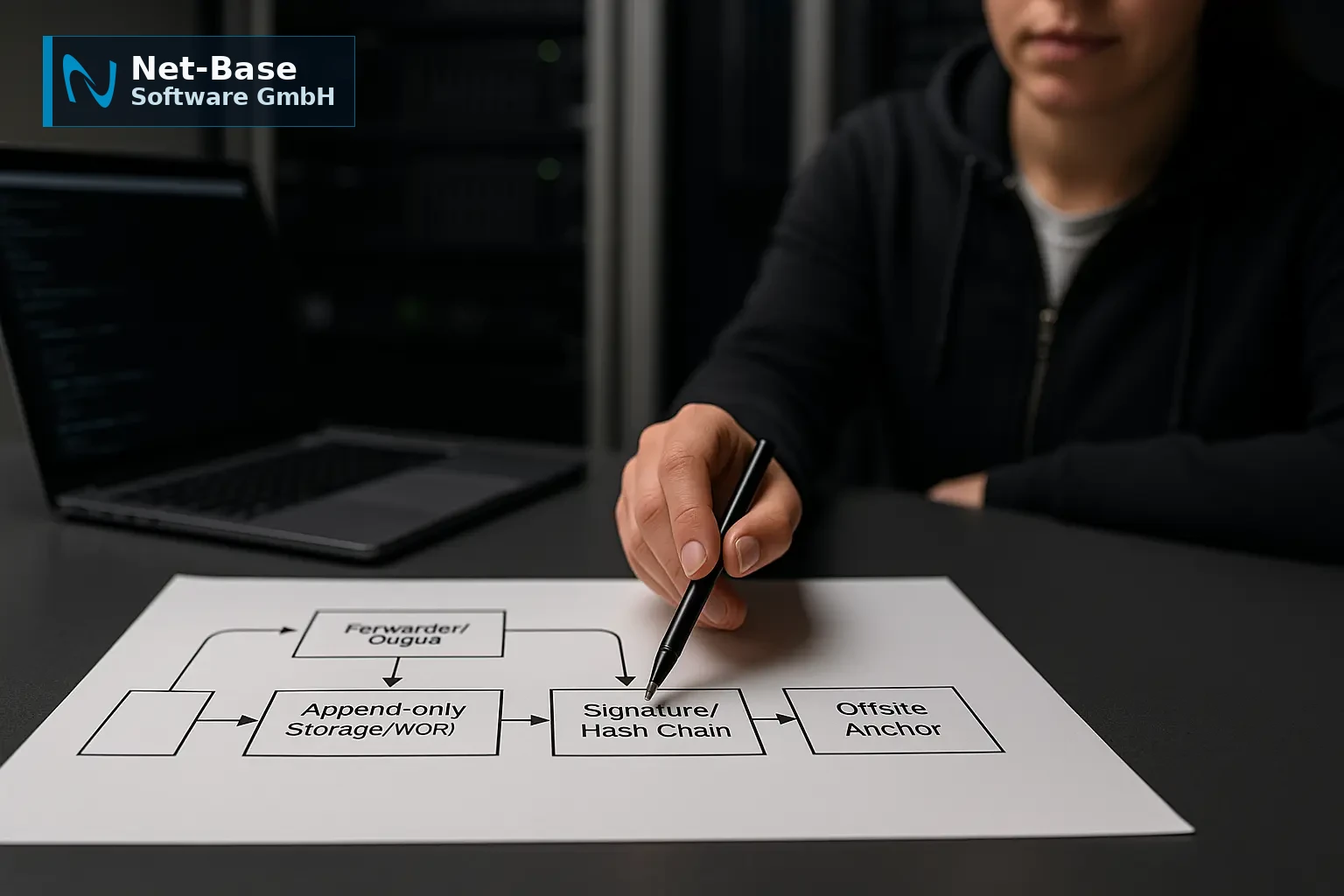 Architekturdiagramm für signierte append-only Log-Archivierung mit Offsite-Verifikation auf einem Arbeitstisch im IT-Betrieb
