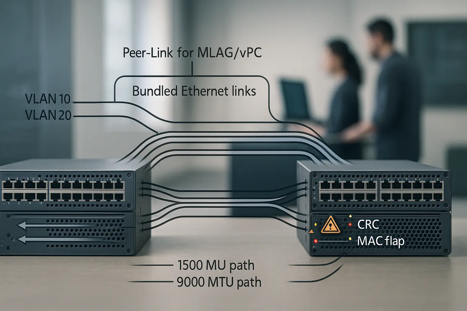 Diagramm einer LACP Link-Aggregation mit gebündelten Links, Peer-Link und markierten VLAN/MTU-Pfaden