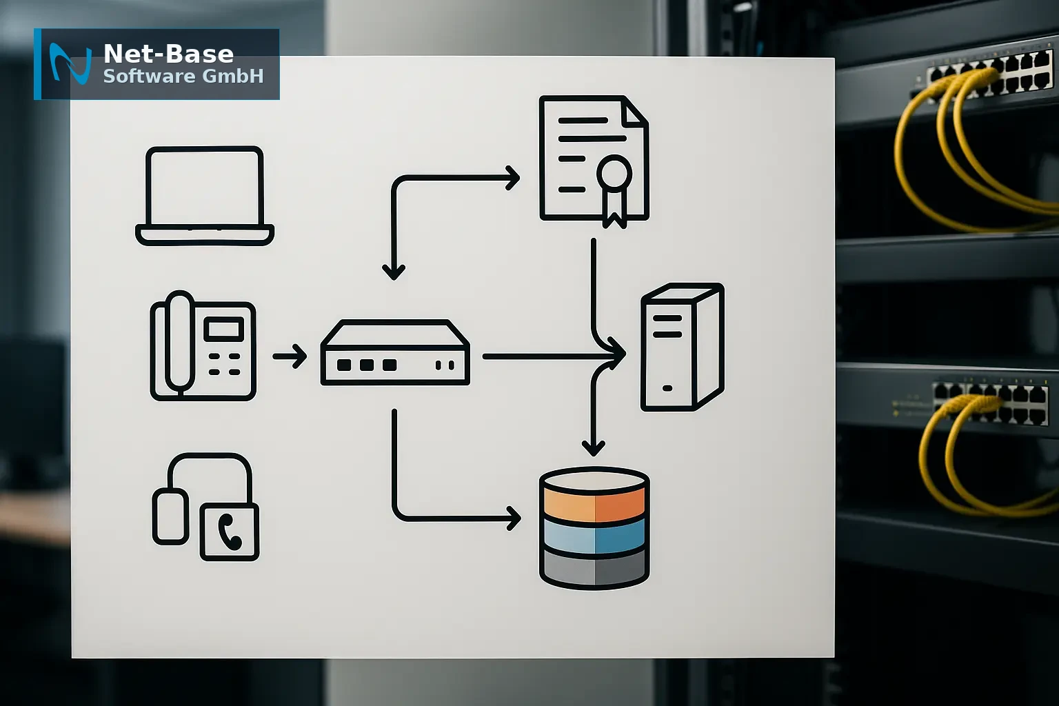 Textfreies Architekturdiagramm zeigt 802.1X-Fluss zwischen Client, Switch und RADIUS mit Policy- und VLAN-Zuweisung im...