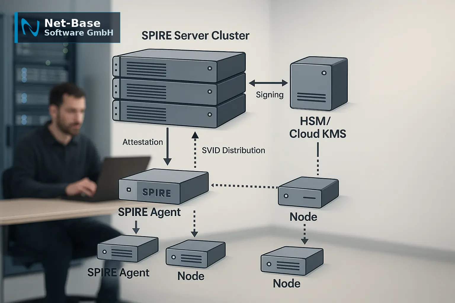 Diagramm von SPIRE Server, Agents, HSM/KMS und automatischer SVID-Ausgabe für mTLS in Microservices