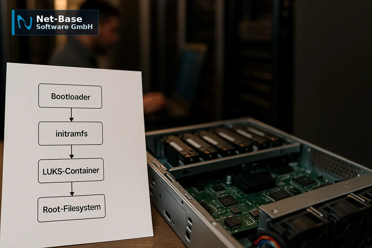 Architekturdiagramm zu initramfs und LUKS-Root neben geöffnetem Server mit NVMe-SSDs