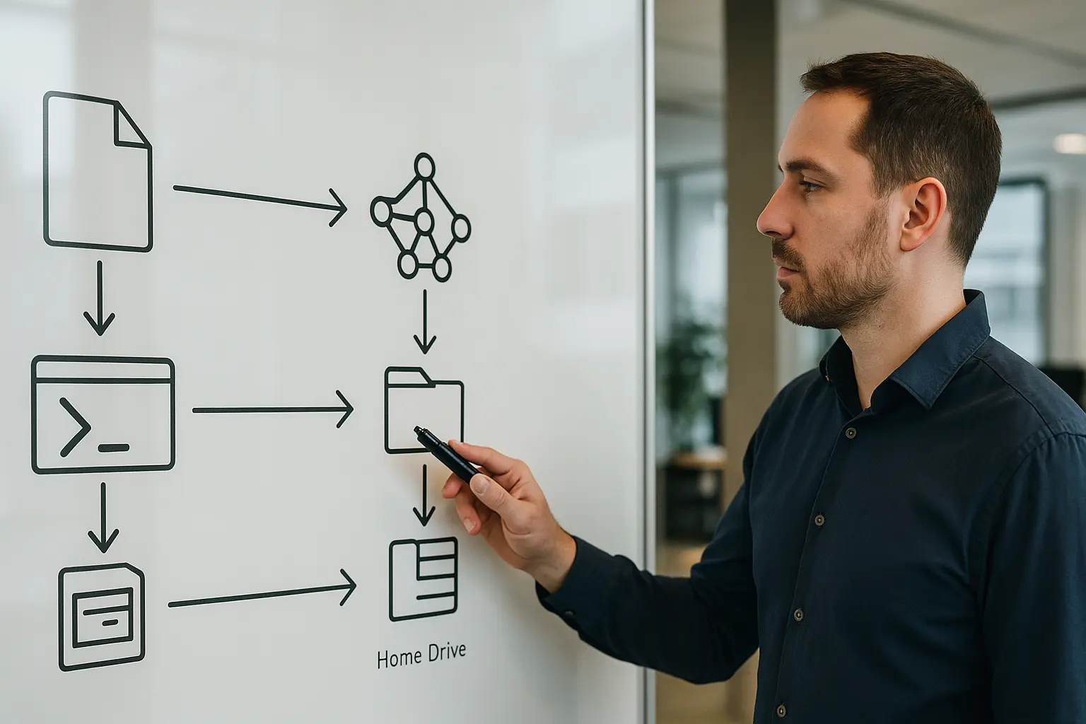 Administrator zeigt auf ein textfreies Diagramm zur Bulk-Anlage von AD-Benutzern aus CSV inklusive Home-Verzeichnis auf...