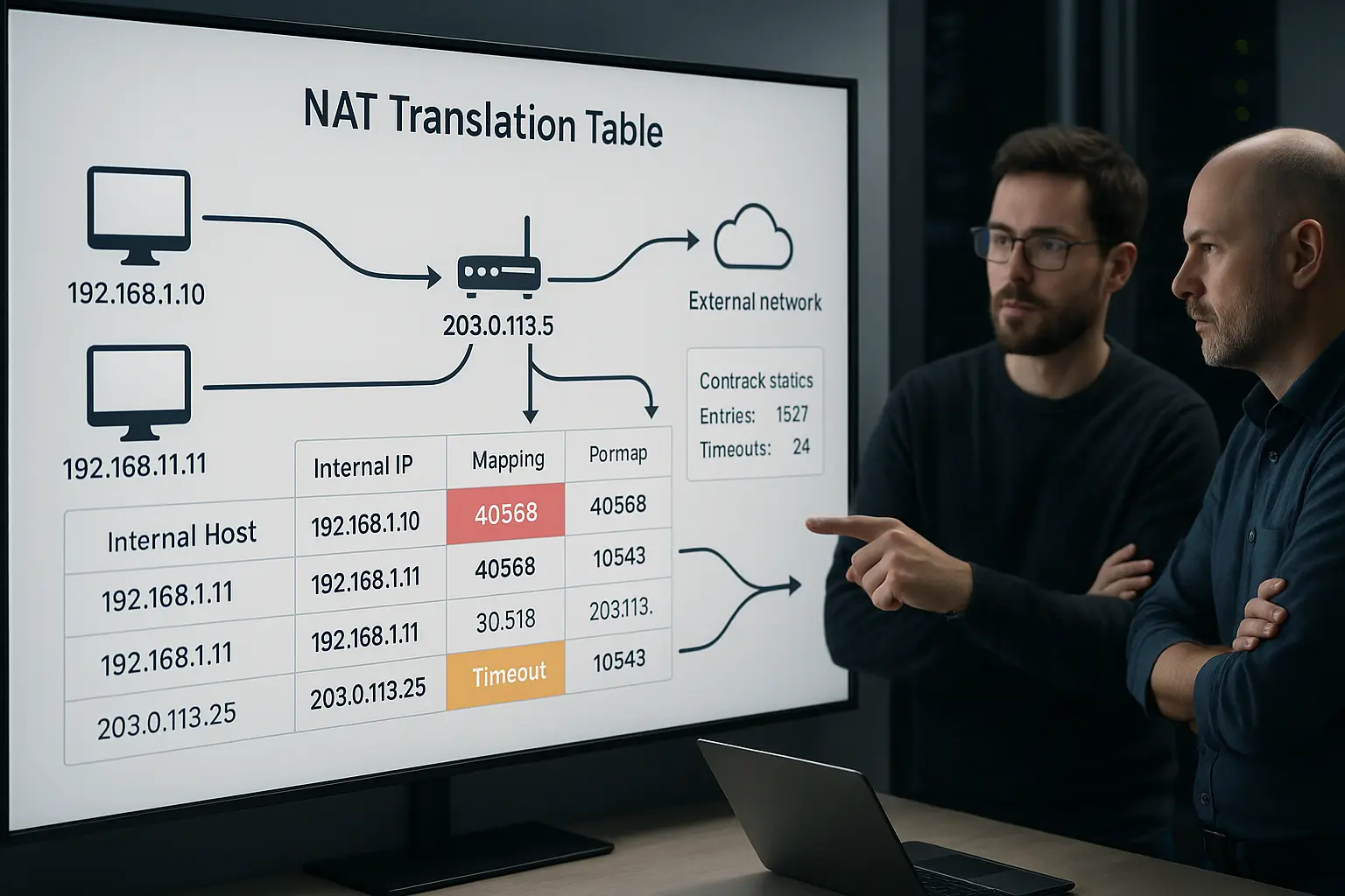 Grafische Darstellung einer NAT-Translation-Tabelle mit Port‑Mappings und Paketfluss zur Fehleranalyse