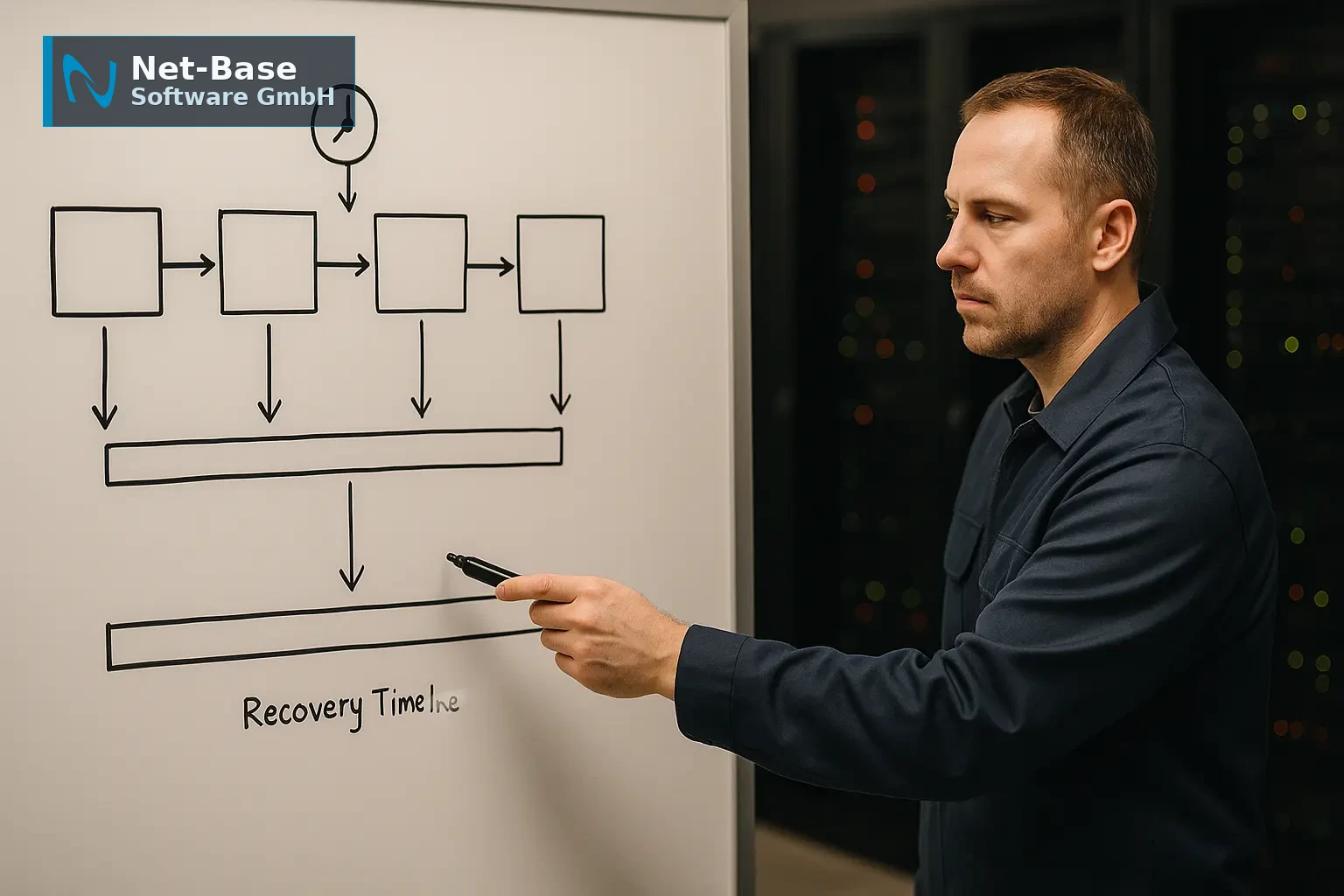 Administrator zeigt auf ein textfreies Diagramm zu Snapshot, Log-Stream und Restore-Zeitachse für NoSQL-Backups.