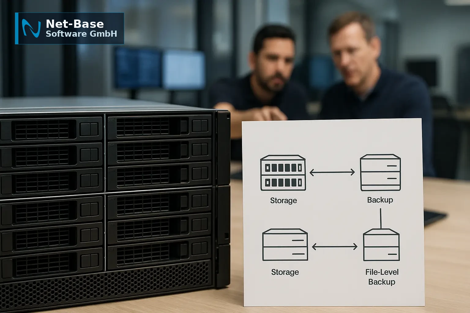 Storage-Array mit textfreiem Architekturdiagramm zu Replikation und Backup-Pfaden in einer IT-Betriebsumgebung