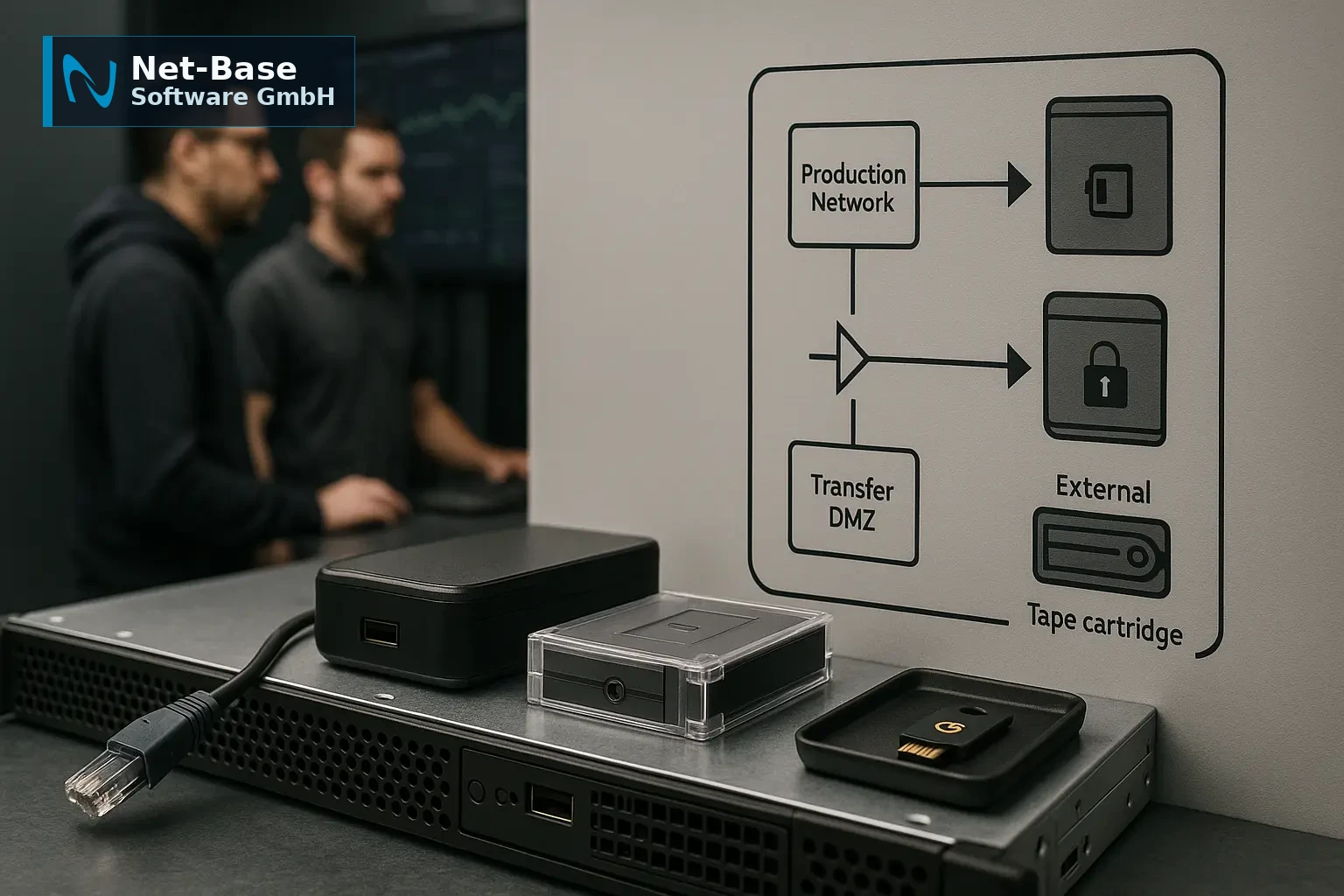 Air‑gapped Backup‑Node mit abgezogenem Netzwerkkabel, verschlossener Wechselplatte und Diagramm einer Data‑Diode‑Topologie