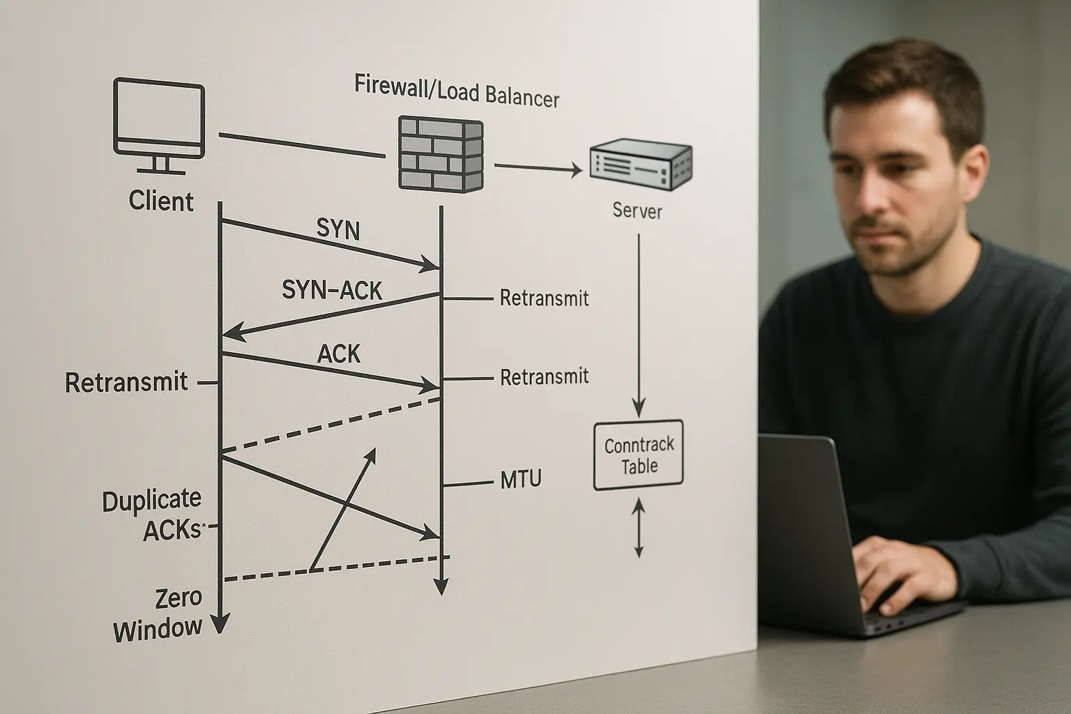 Architekturdiagramm mit TCP-Handshake, markierten Retransmits und Time-Sequence-Graph; nebenbei ein System Engineer...