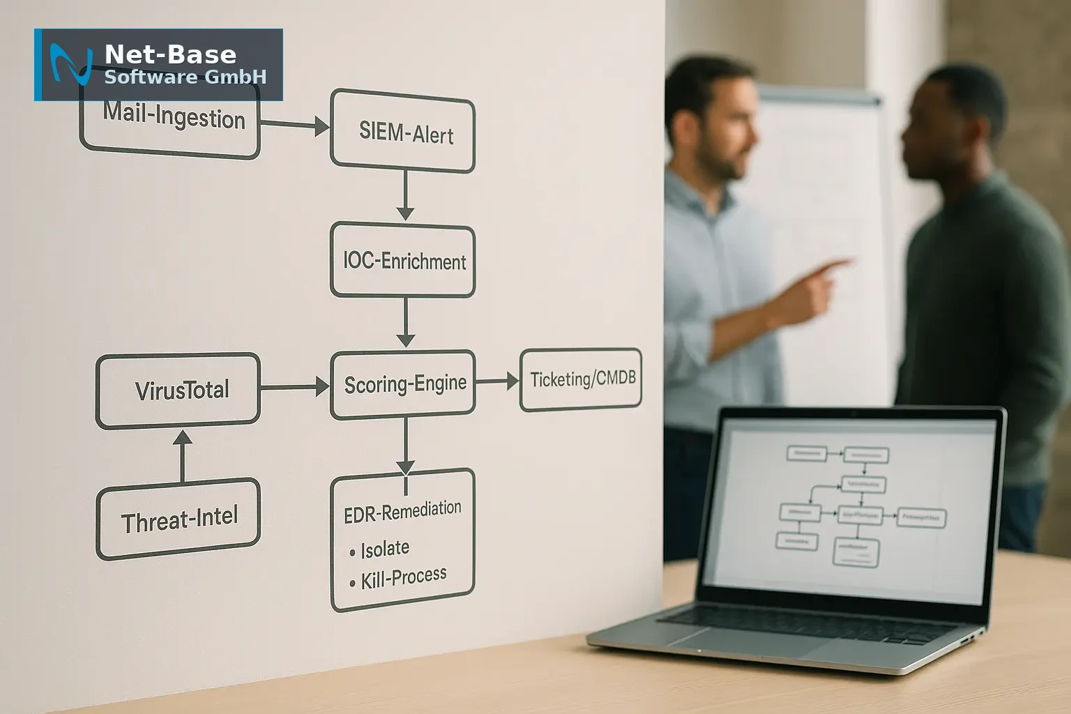 Architekturdiagramm eines SOAR‑Playbook‑Flows mit Mail‑Ingest, IOC‑Enrichment, Scoring und EDR‑Remediation