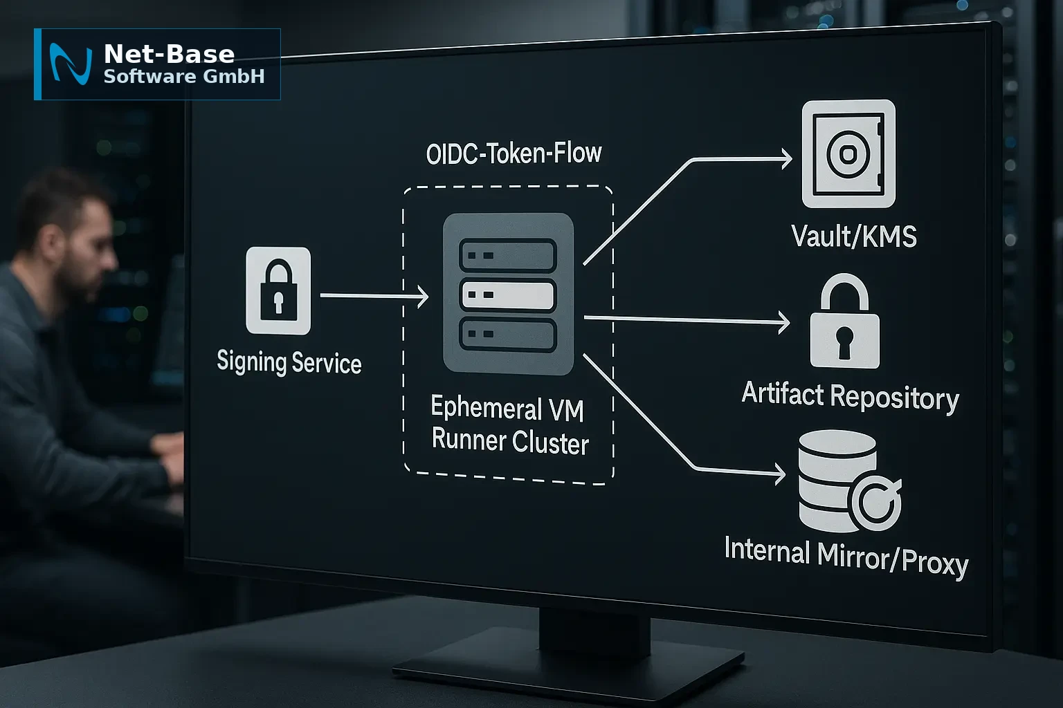 Architekturdiagramm einer CI/CD-Pipeline mit Ephemeral-VM-Runnern, OIDC-Tokenflow, HSM-basiertem Signierdienst und...