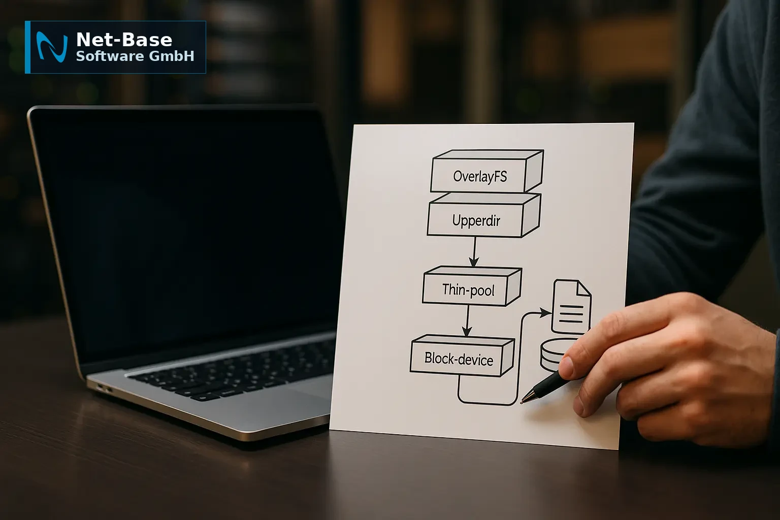 Operator analysiert ein textfreies Diagramm zu Container-Storage mit OverlayFS-Layern, device-mapper Thin-Pool und...