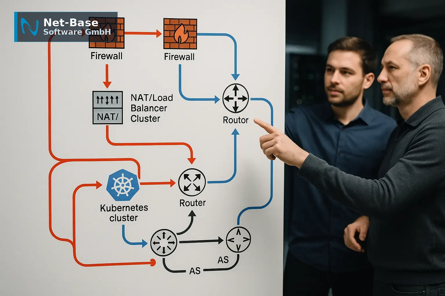 Architekturdiagramm mit farblich getrennten Hin- und Rückwegen, Firewalls, NAT/LoadBalancer und Kubernetes‑Nodes zur...