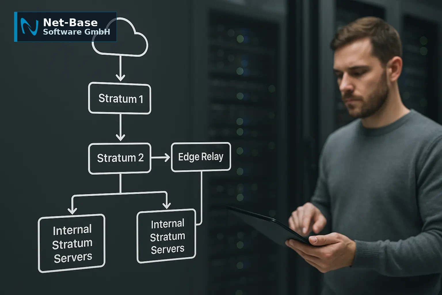 Architekturdiagramm mit NTP-Zeitpfaden zwischen internen Zeitservern, Cloud-Instanzen und Edge-Relays zur Sicherstellung...