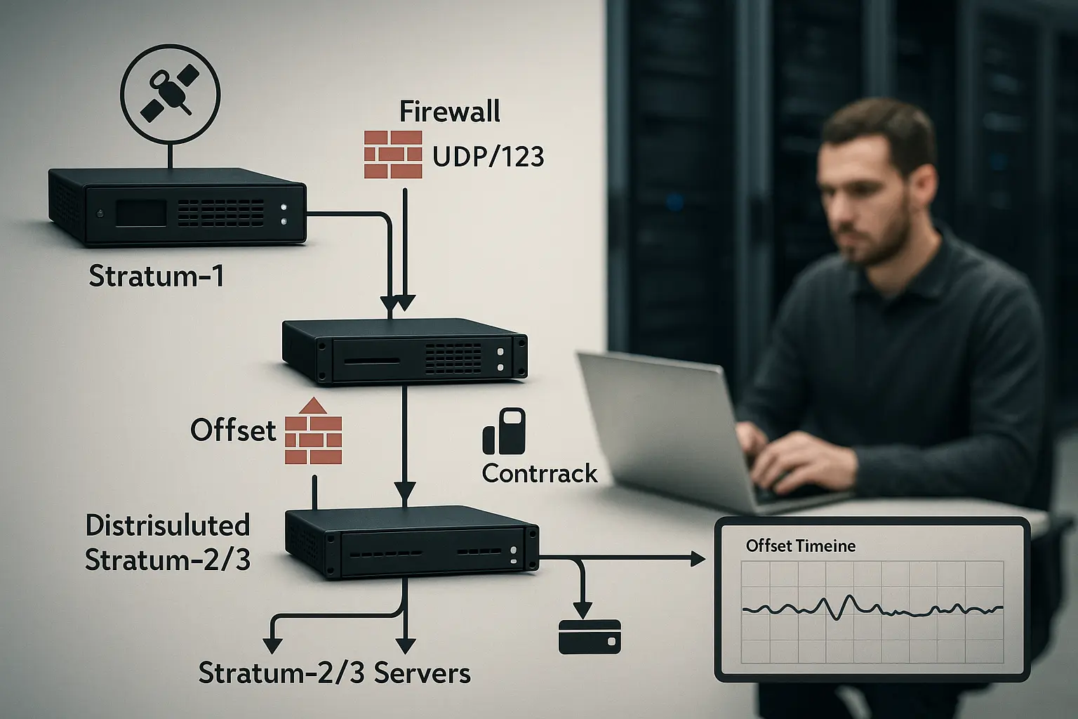 Architekturdiagramm der NTP‑Hierarchie mit Stratum‑Levels, Firewall‑Punkten und Offset‑Zeitleiste