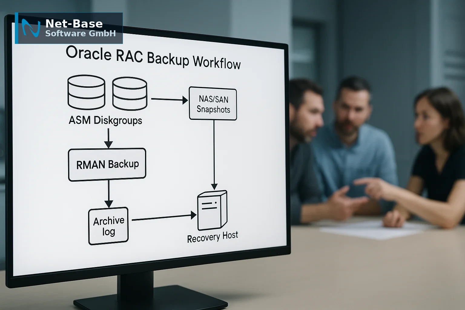 Monitor mit Architekturdiagramm eines Oracle RAC Backup-Workflows: RMAN, ASM, NAS/SAN, Snapshot- und Recovery-Server