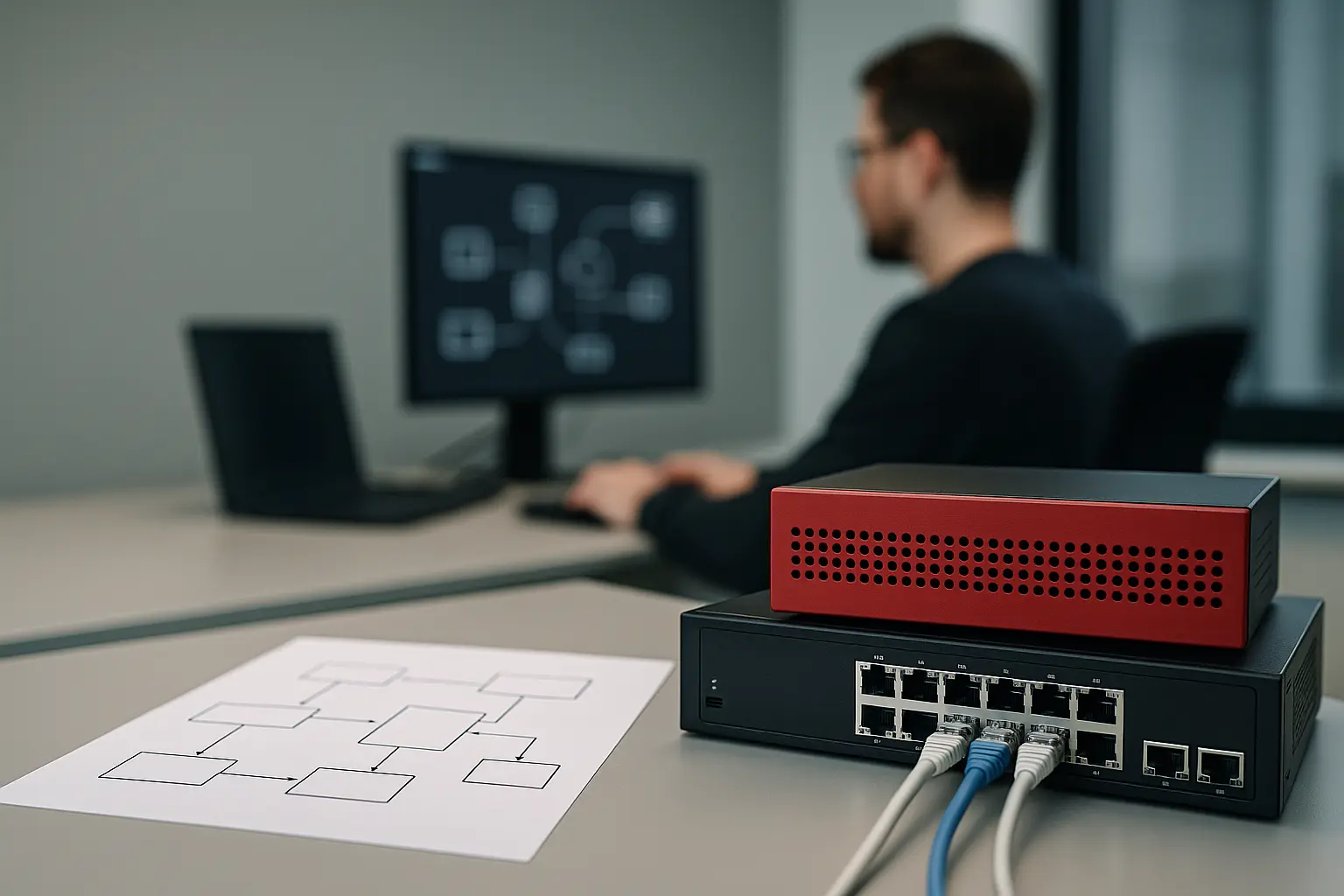 Netzwerkdiagramm neben Firewall und Switch als Symbol für Mikrosegmentierung im LAN
