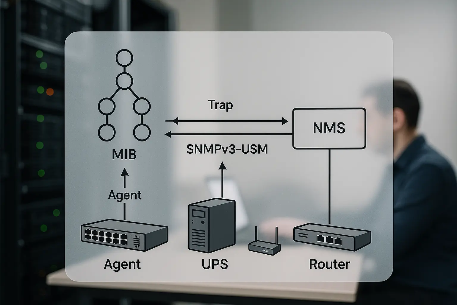 Architekturdiagramm einer SNMP-Überwachung mit MIB-Hierarchie, Trap-Flow und gesichertem SNMPv3-Kanal
