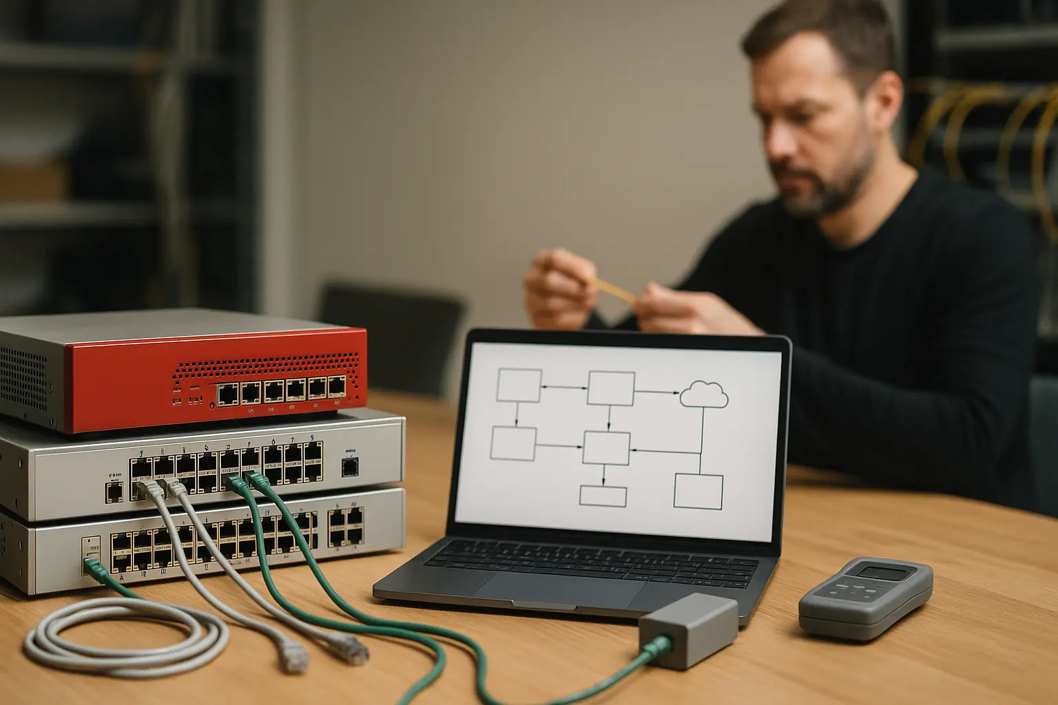 Firewall und Switch im Laborsetup zur QoS-Analyse mit Queueing und Traffic-Klassifizierung
