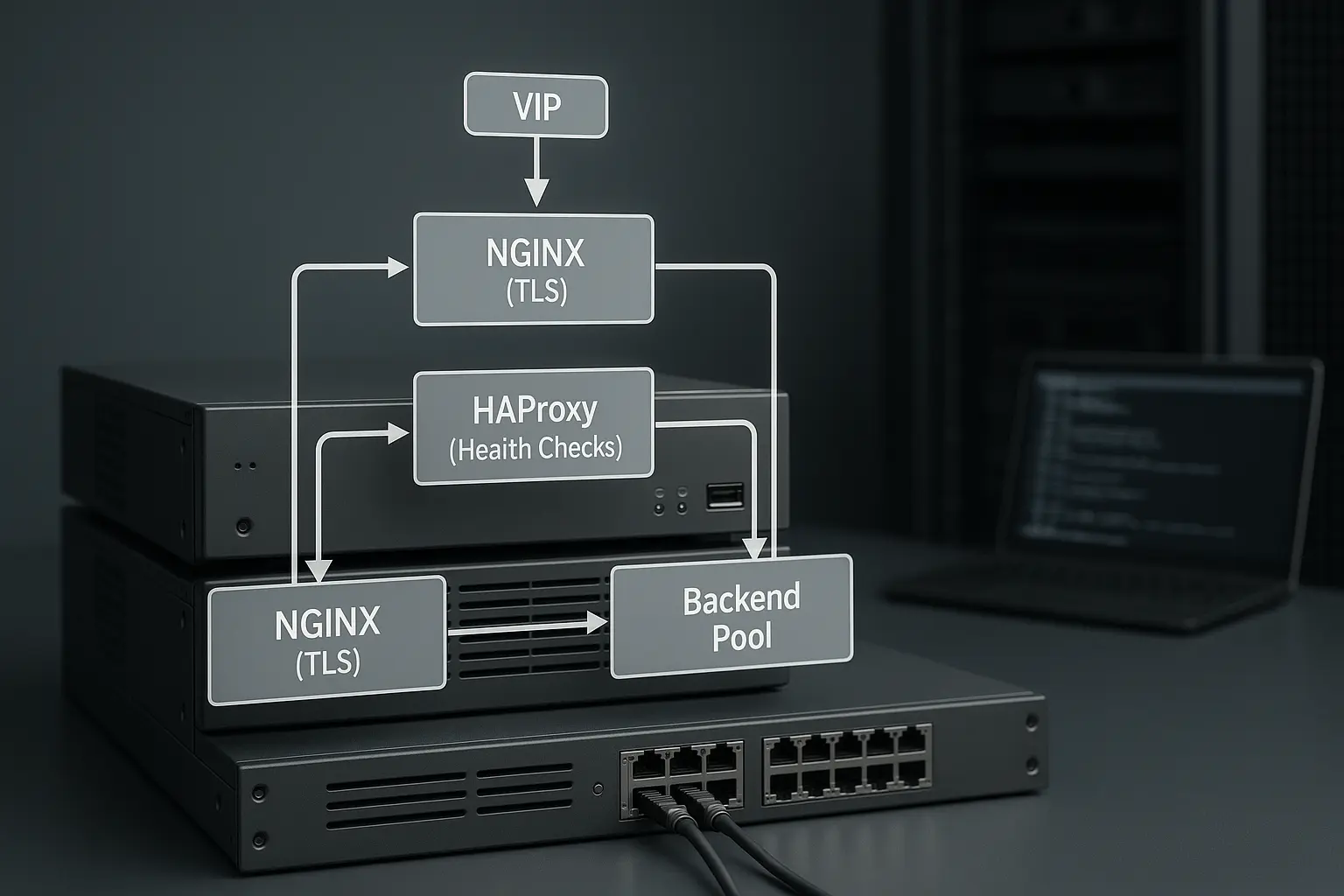 Architekturdiagramm: zwei Load‑Balancer‑Knoten mit VIP (VRRP), NGINX und HAProxy sowie Datenfluss zum Backend‑Pool