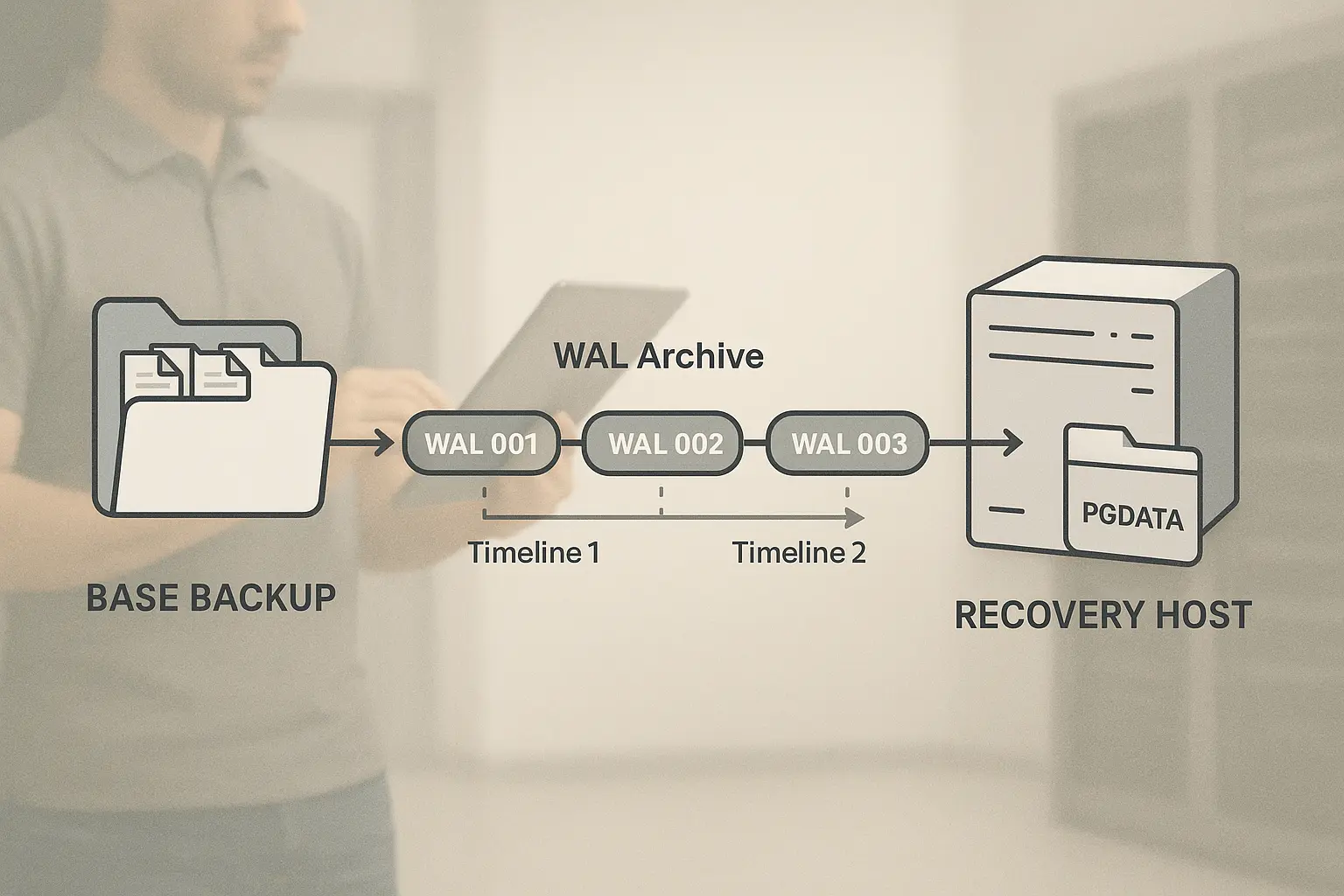 Schematische Visualisierung eines PostgreSQL PITR‑Workflows mit Base Backup, WAL‑Segmenten auf einer Zeitachse und...