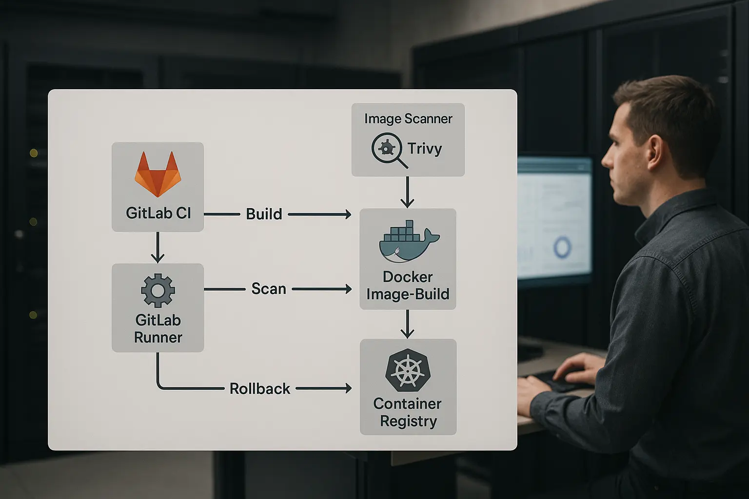 Architekturdiagramm einer CI/CD-Pipeline mit GitLab CI, Trivy Image-Scanning, Container Registry und automatischem...