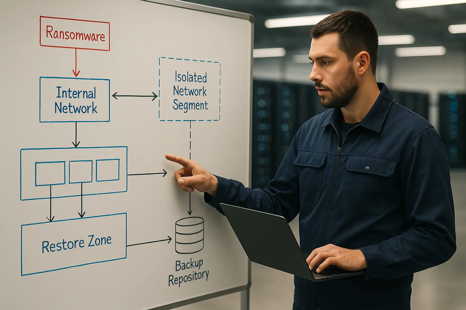Administrator analysiert ein textfreies Incident-Response-Architekturdiagramm zur Isolation und Backup-Wiederherstellung...
