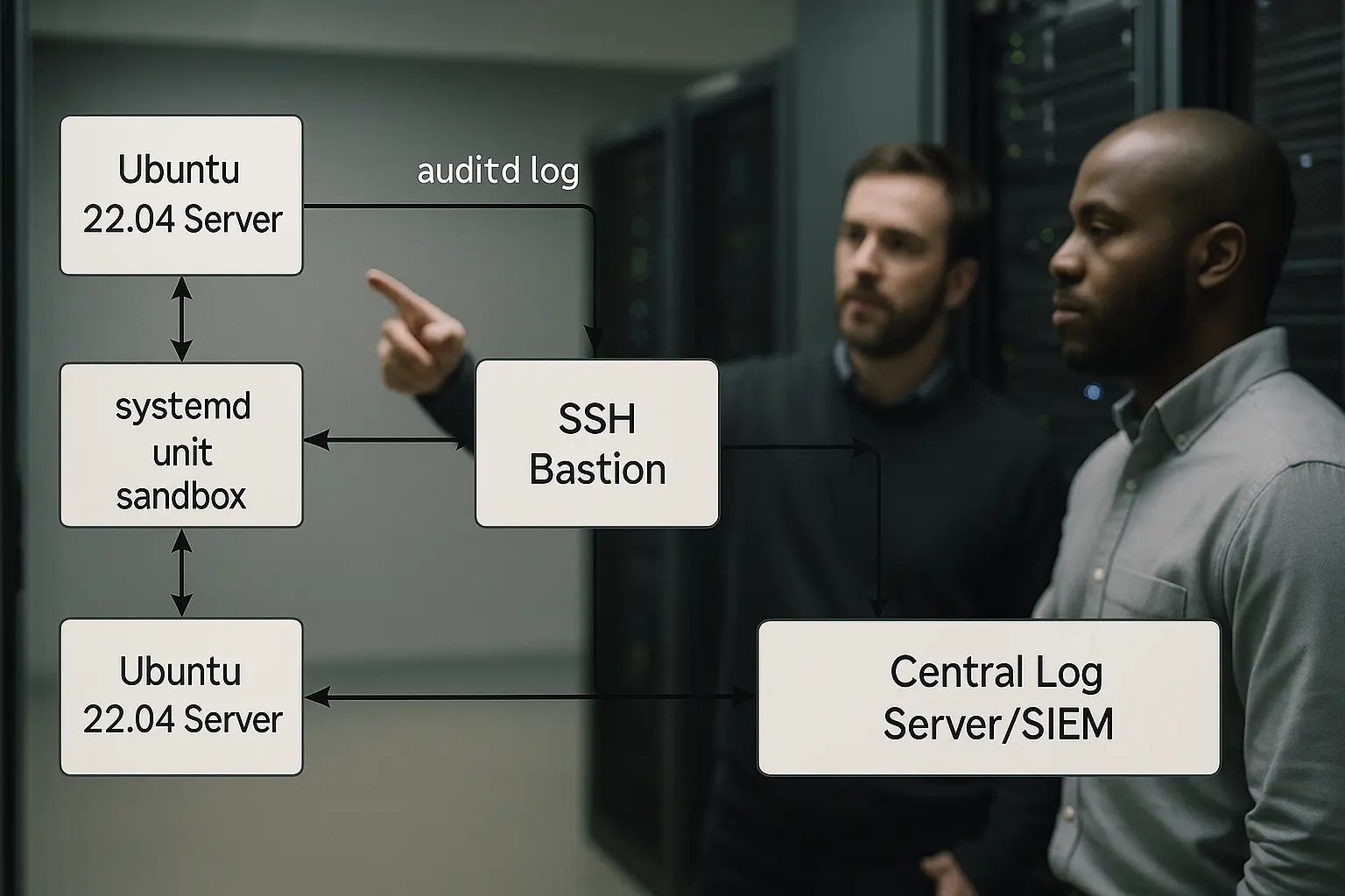 Architekturdiagramm: Auditd-Logfluss von Ubuntu 22.04 zu zentralem Logserver, SSH-Bastion und systemd‑Sandboxing