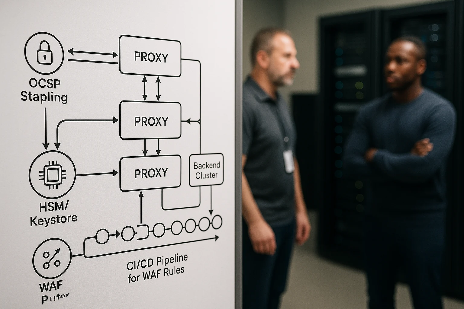 Architekturdiagramm eines Reverse‑Proxy mit TLS‑Offload, HSM, OCSP Stapling, HTTP/2 Streams und automatisierter WAF‑Pipeline
