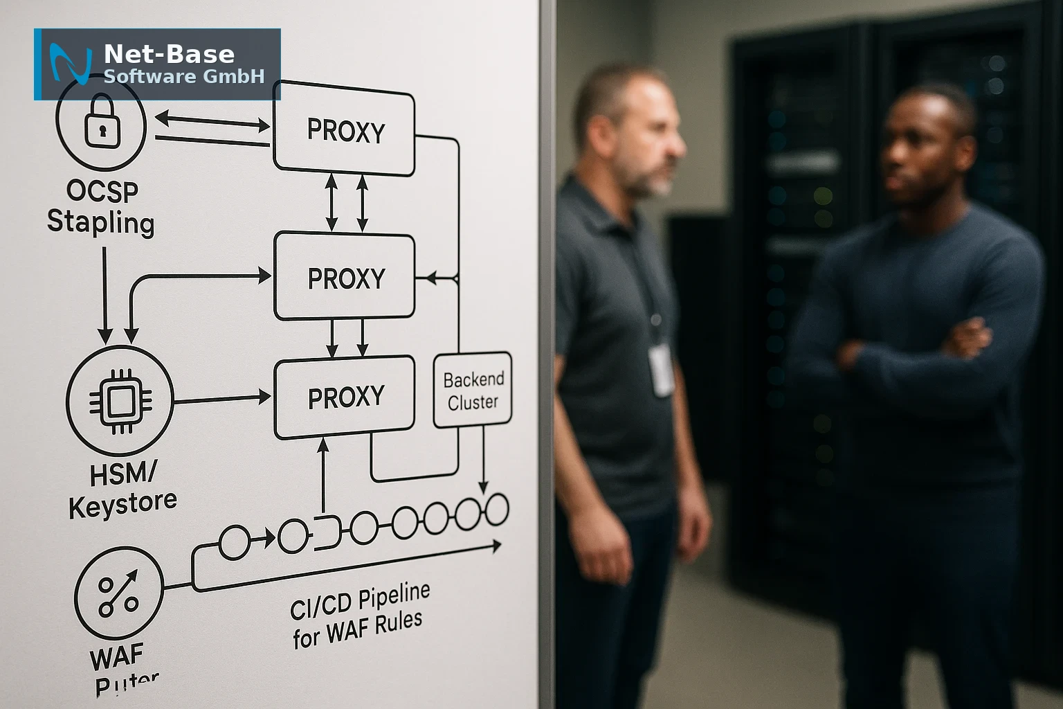 Architekturdiagramm eines Reverse‑Proxy mit TLS‑Offload, HSM, OCSP Stapling, HTTP/2 Streams und automatisierter WAF‑Pipeline