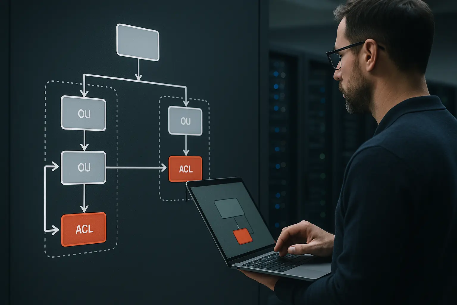 Diagramm einer AD-OU-Struktur mit hervorgehobenen ACL/ACE-Blöcken und Vererbungs-Pfeilen
