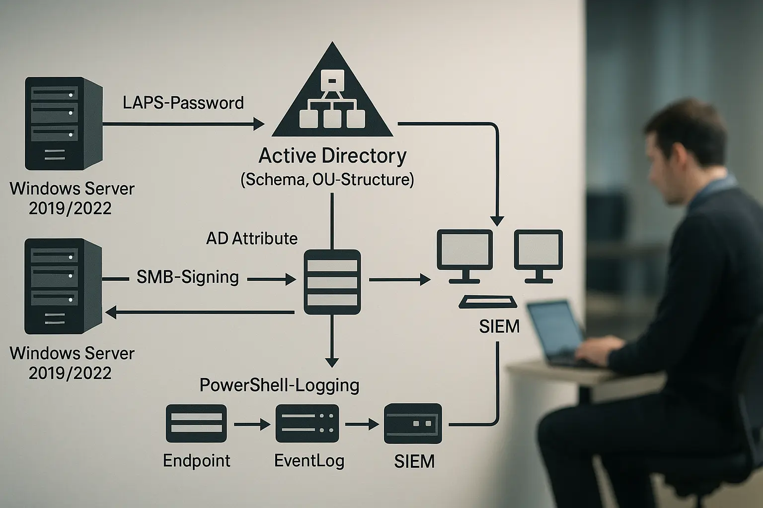 Architekturdiagramm: Active Directory mit LAPS‑Passwortfluss, SMB‑Signing-Verbindungen und PowerShell‑Logging‑Pipeline für...