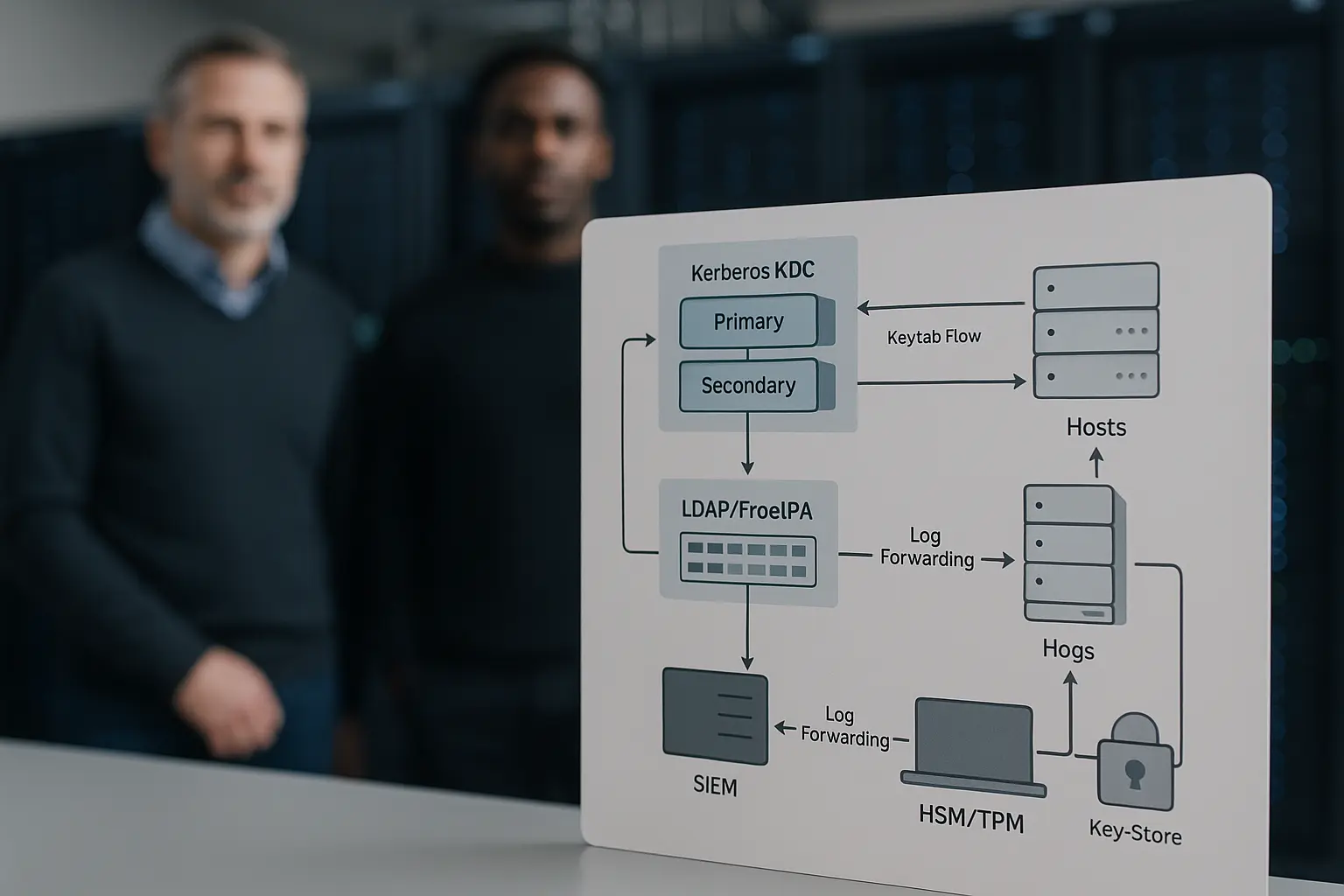 Architekturdiagramm mit Kerberos‑KDC, FreeIPA/LDAP, Hosts, Keytab‑Flows und zentralem Log‑Forwarding für privilegierte...