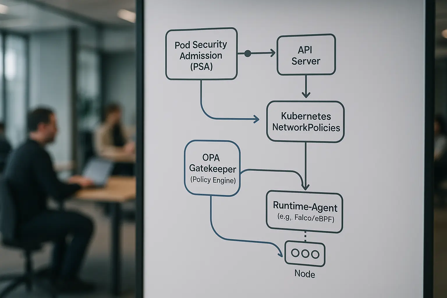 Architekturdiagramm: Pod Security Admission, NetworkPolicies, OPA Gatekeeper und Runtime‑Agent im Kubernetes‑Cluster